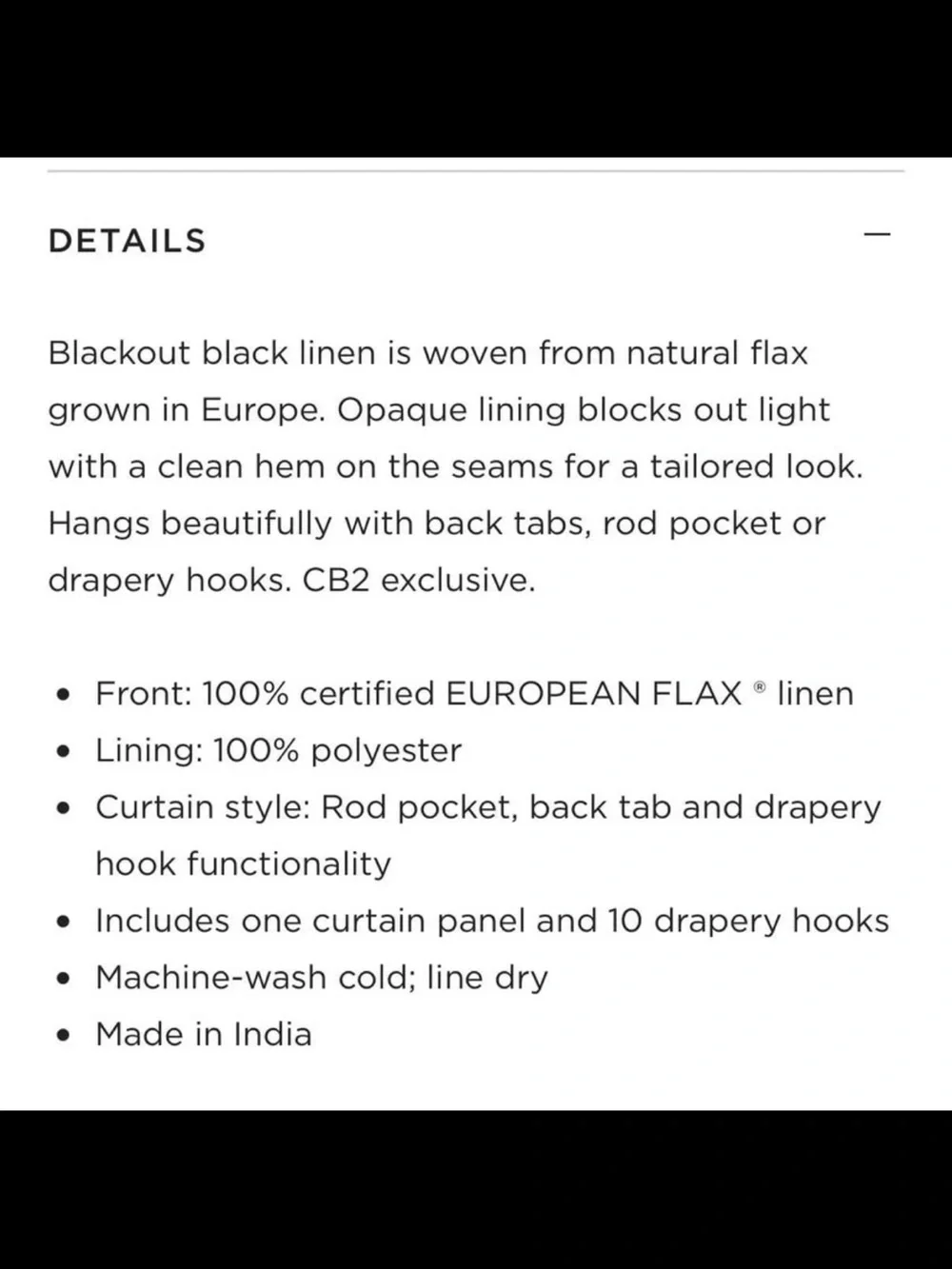 CB2 Black Blackout Linen Curtain Panels Pair 96” Length like NEW